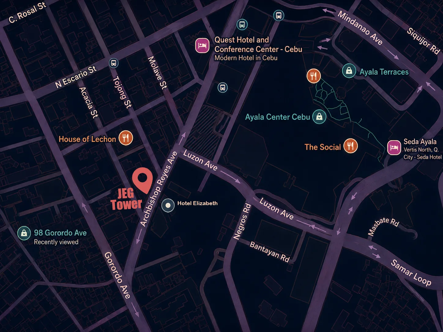 Map showing JEG Tower near Archbishop Reyes Avenue, Hotel Elizabeth Cebu, Ayala Terraces, and nearby streets.
