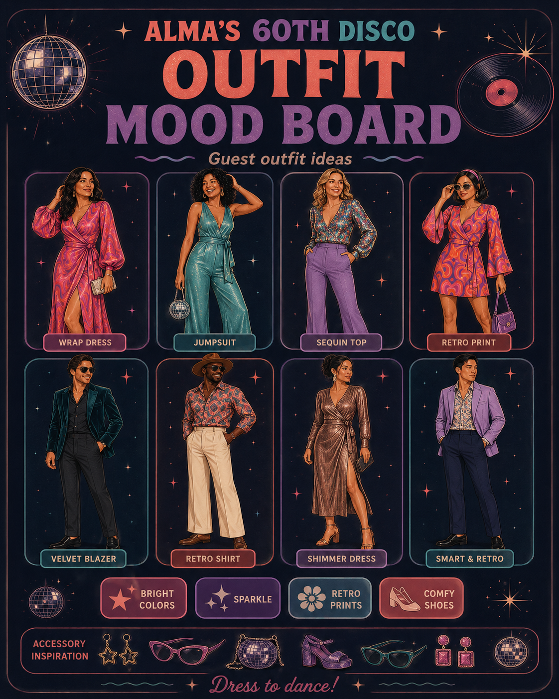 Alma's 60th disco outfit mood board with guest outfit ideas including wrap dress, jumpsuit, sequin top, retro print, velvet blazer, retro shirt, shimmer dress, and smart retro looks.